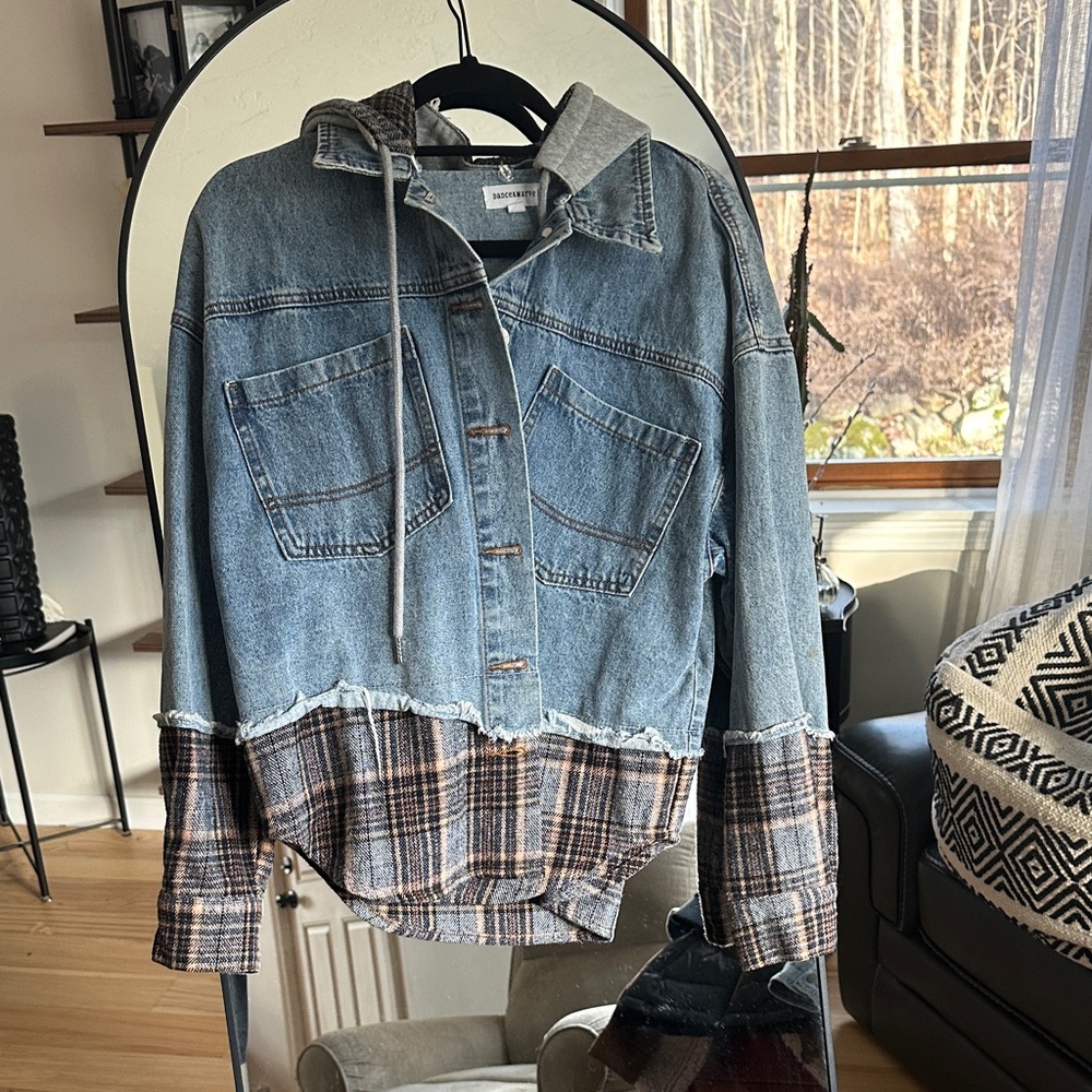 Dance & Marvel Blue Denim and Brown Plaid Jacket
